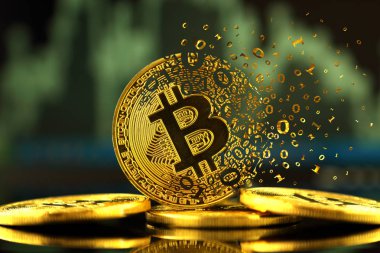 Dispersiyon etkisi ile Bitcoin. Blockchain başarısız kavramı. Bitcoin fiziksel sürümü çekilmesini sıfır şeklinde küçük parçalar halinde ve olanlar (ikili sayı sistemi).