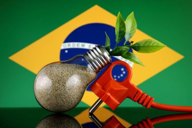 Tak, ampul ve Brezilya bayrağı içinde büyüyen bitki. Yeşil eko yenilenebilir enerji kavramı.