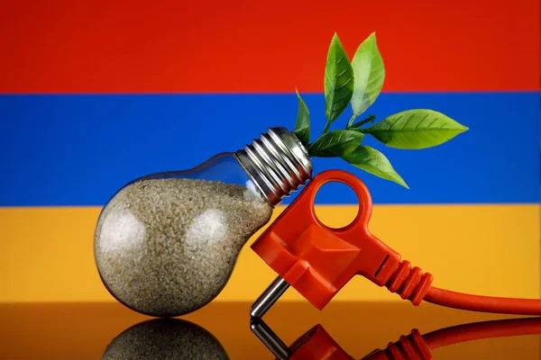 プラグ 電球とアルメニアの旗の中に育つ植物 緑のエコ再生可能エネルギー概念 — ストック写真