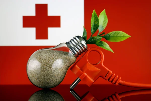 Plug Planta Que Crece Dentro Bombilla Tonga Flag Concepto Ecológico —  Fotos de Stock