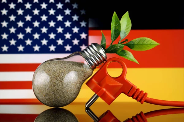 プラグ アメリカ合衆国とドイツの国旗の中に育つ植物 緑のエコ再生可能エネルギー概念 — ストック写真