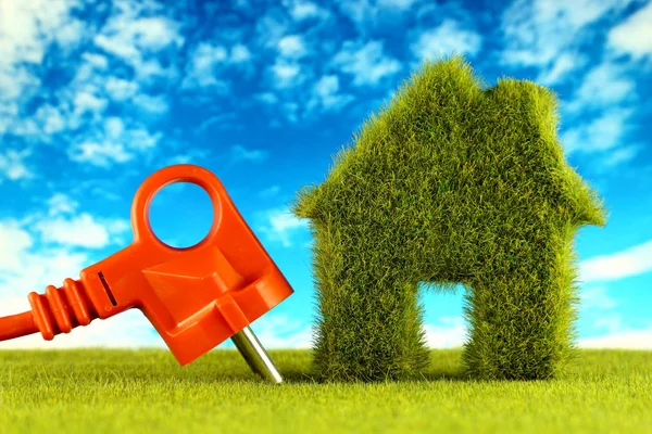 Plug and green eco house icon concept with grass and blue sky background. Renewable energy. Electricity prices, energy saving in the household.