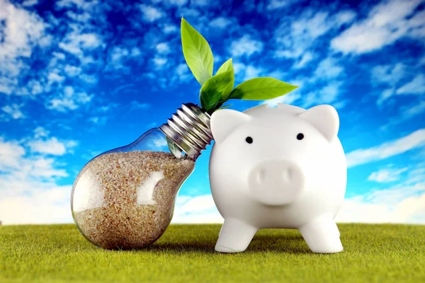 Piggy bank and plant growing inside the light bulb with grass and blue sky background. Green eco energy concept. Electricity prices, energy saving.