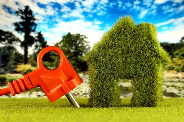 Plug and green eco house icon concept with grass and blue sky background. Renewable energy. Electricity prices, energy saving in the household.