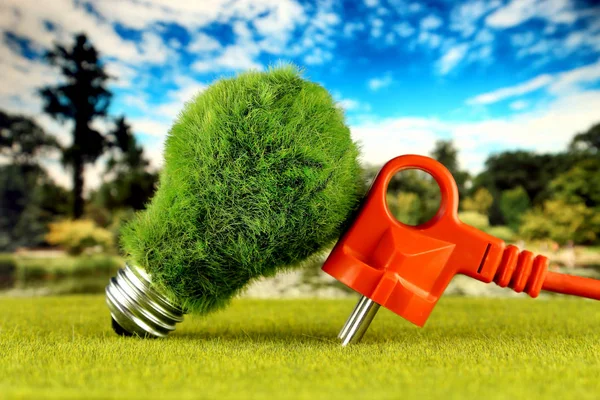 Plug and green eco light bulb with grass and blue sky background. Renewable energy concept. Electricity prices, energy saving in the household.