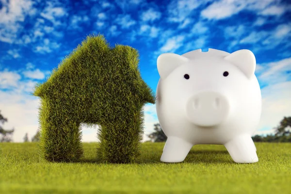 Piggy bank and green eco house icon concept with grass and blue sky background. Renewable energy. Electricity prices, energy saving in the household.
