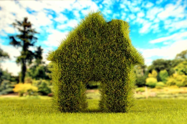 Gröna Huset Ikonen Med Fält Och Blå Himmel Bakgrund Eco — Stockfoto