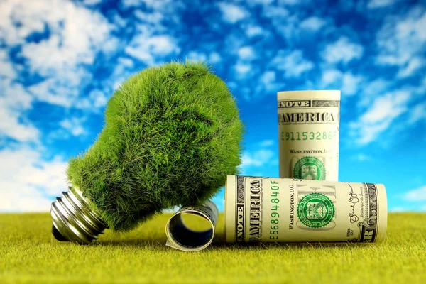 One dollar banknotes and green eco light bulb with grass and blue sky background. Renewable energy concept. Electricity prices, energy saving in the household.