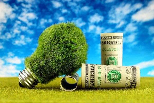 One dollar banknotes and green eco light bulb with grass and blue sky background. Renewable energy concept. Electricity prices, energy saving in the household.