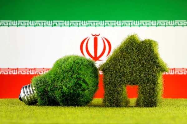 Green eco light bulb, eco house icon and Iran Flag. Renewable energy. Electricity prices, energy saving in the household.