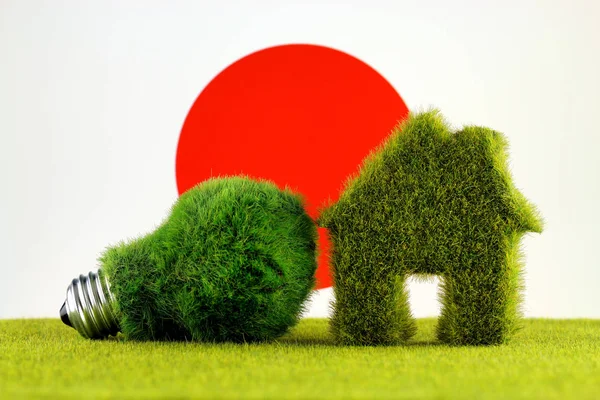 Green eco light bulb, eco house icon and Japan Flag. Renewable energy. Electricity prices, energy saving in the household.