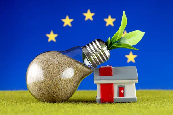 Plant growing inside the light bulb, miniature house on the grass and European Union Flag. Renewable energy. Electricity prices, energy saving in the household.