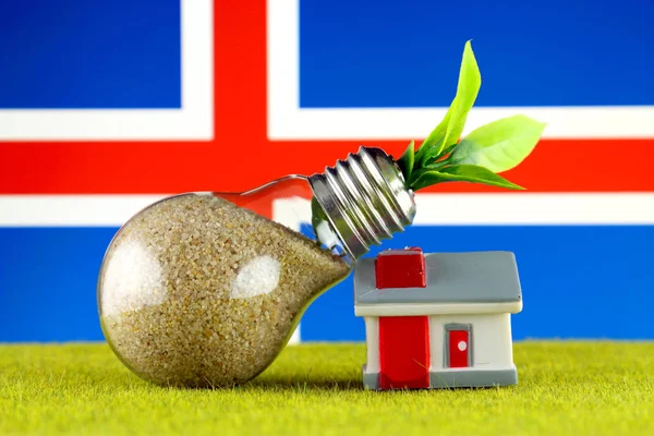工場電球内部成長 草やアイスランドの国旗のミニチュアの家 再生可能エネルギー 電気料金 家庭の省エネルギー — ストック写真