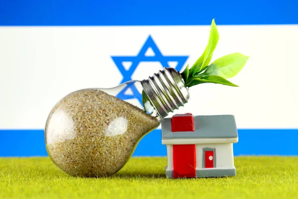 Plant growing inside the light bulb, miniature house on the grass and Israel Flag. Renewable energy. Electricity prices, energy saving in the household.