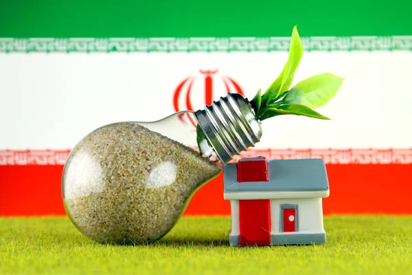 Plant growing inside the light bulb, miniature house on the grass and Iran Flag. Renewable energy. Electricity prices, energy saving in the household.
