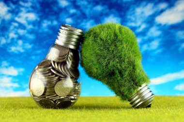 Ampul ve yeşil çevre çimen ile ampul içinde paralar. Yenilenebilir enerji kavramı. Elektrik fiyatları, enerji tasarrufu evde.