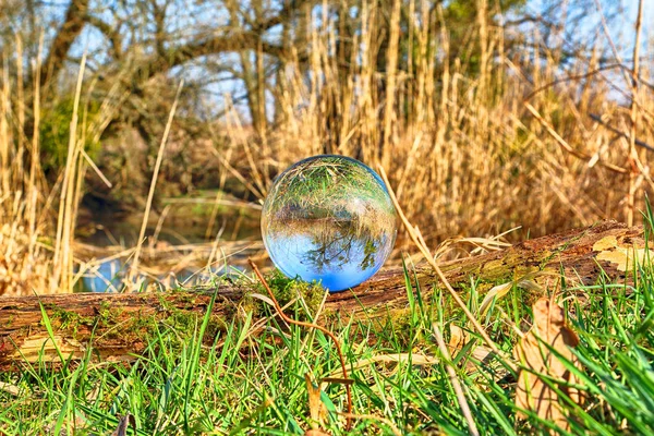 Wild, untouched nature. View through a glass, crystal ball (lensball) for refraction photography.