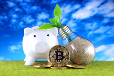 Bitcoin (Btc) ve yeşil, yenilenebilir enerji kavramı. Elektrik fiyatları, kripto para madenciliği işinde enerji tasarrufu.