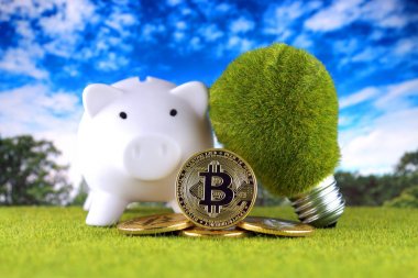 Bitcoin (Btc) ve yeşil, yenilenebilir enerji kavramı. Elektrik fiyatları, kripto para madenciliği işinde enerji tasarrufu.