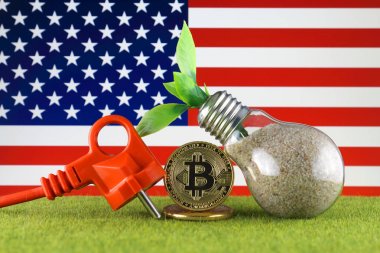 Bitcoin (Btc), yeşil yenilenebilir enerji kavramı ve Amerika Birleşik Devletleri Bayrağı. Elektrik fiyatları, kripto para madenciliği işinde enerji tasarrufu.