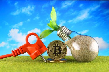 Bitcoin (Btc) ve yeşil, yenilenebilir enerji kavramı. Elektrik fiyatları, kripto para madenciliği işinde enerji tasarrufu.