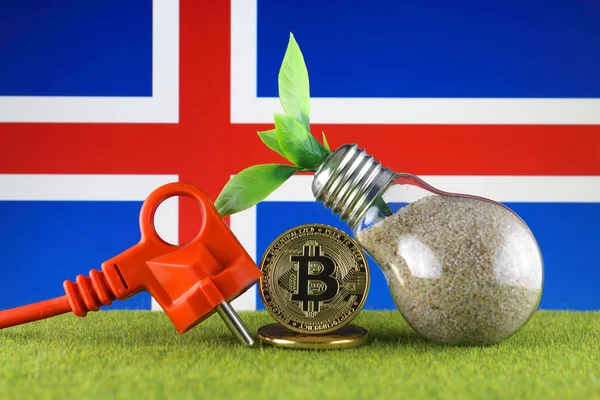 Bitmince Btc Zelená Koncepce Obnovitelné Energie Islandská Vlajka Ceny Elektrické — Stock fotografie