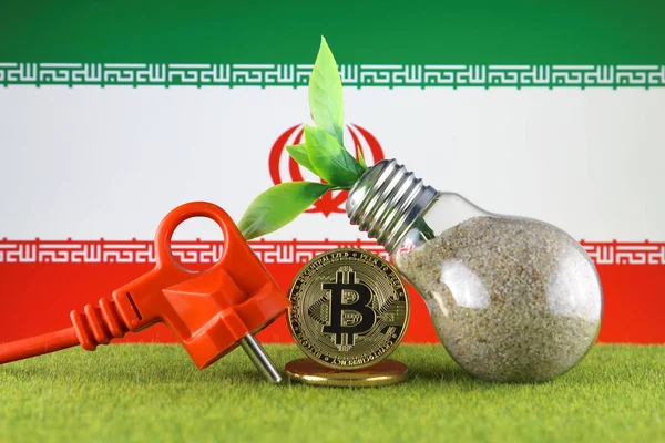 Bitcoin Btc Green Renewable Energy Concept Iran Flag Electricity Prices — Stock Photo, Image