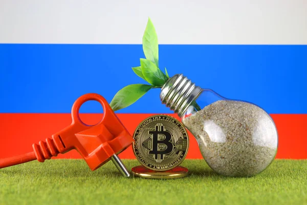 ビットコイン Btc グリーン再生可能エネルギーコンセプト ロシア国旗 電力価格 仮想通貨マイニング事業における省エネ — ストック写真