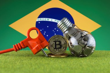 Bitcoin (Btc), yeşil yenilenebilir enerji kavramı ve Brezilya Bayrağı. Elektrik fiyatları, kripto para madenciliği işinde enerji tasarrufu.
