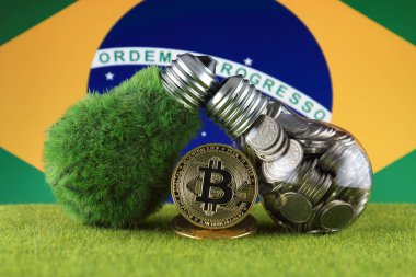 Bitcoin (Btc), yeşil yenilenebilir enerji kavramı ve Brezilya Bayrağı. Elektrik fiyatları, kripto para madenciliği işinde enerji tasarrufu.
