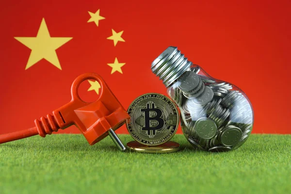 Bitcoin Btc Green Renewable Energy Concept China Flag Electricity Prices — Stock Photo, Image