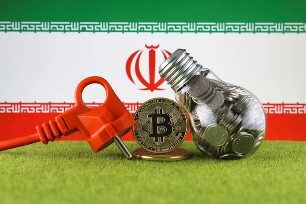 Bitcoin Btc Green Renewable Energy Concept Iran Flag Electricity Prices — Stock Photo, Image