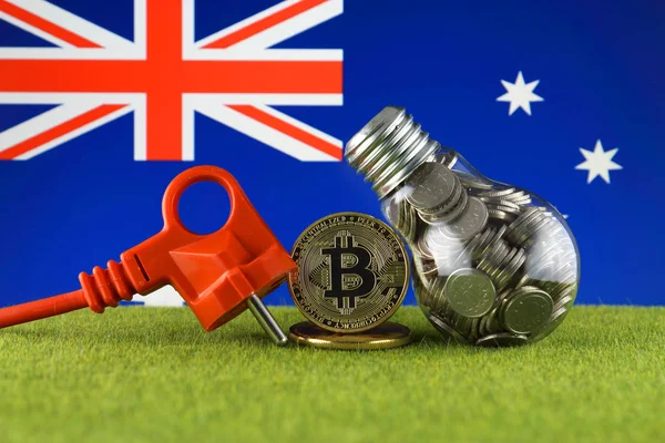 Bitcoin Btc Concepto Energía Verde Renovable Bandera Australia Precios Electricidad — Foto de Stock