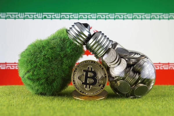 Bitcoin Btc Green Renewable Energy Concept Iran Flag Electricity Prices — Stock Photo, Image