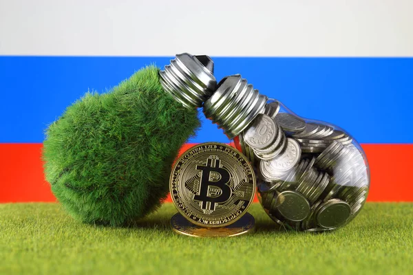 Bitcoin Btc Zöld Megújuló Energia Koncepció Oroszország Flag Villamosenergia Árak — Stock Fotó