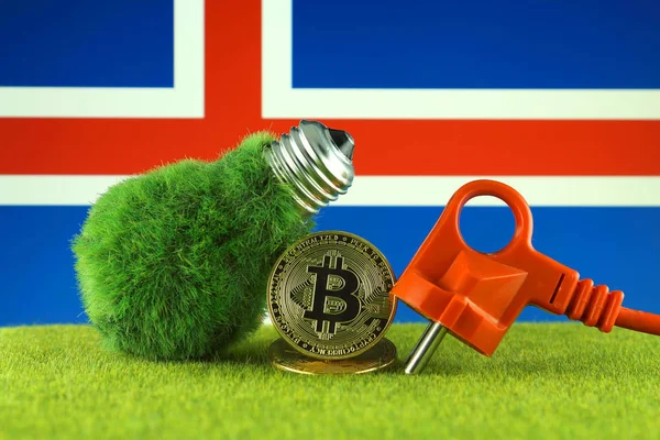 Bitmince Btc Zelená Koncepce Obnovitelné Energie Islandská Vlajka Ceny Elektrické — Stock fotografie
