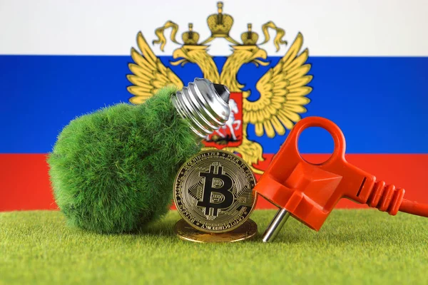 Bitcoin Btc Πράσινη Έννοια Ανανεώσιμης Ενέργειας Και Σημαία Της Ρωσίας — Φωτογραφία Αρχείου