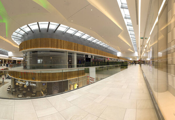 WROCLAW, POLAND - MAY 07, 2019: Aleja Bielany Shopping Center in Bielany Wroclawskie, near the border with Wroclaw is the largest shopping mall in Poland. A unique architectural project.