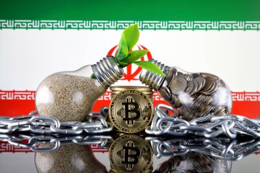 Bitcoin (Btc), yeşil yenilenebilir enerji kavramı ve İran Bayrağı. Elektrik fiyatları, kripto para madenciliği işinde enerji tasarrufu.