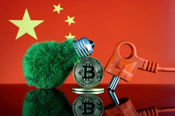 Bitcoin Btc Green Renewable Energy Concept China Flag Electricity Prices — Stock Photo, Image