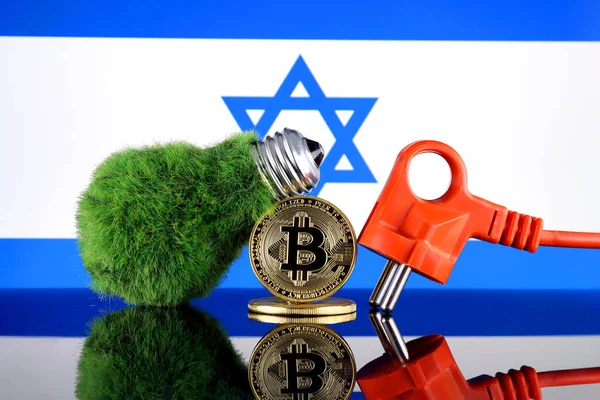Bitcoin Btc Green Renewable Energy Concept Israel Flag Electricity Prices — Stock Photo, Image