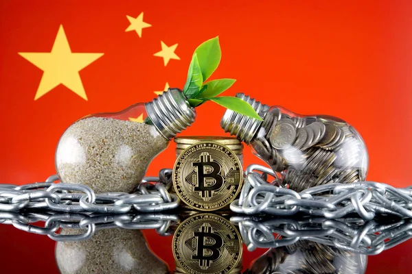 Bitcoin Btc Green Renewable Energy Concept China Flag Electricity Prices — Stock Photo, Image