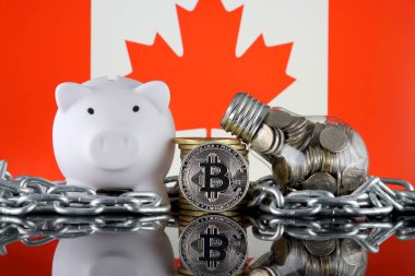 Bitcoin (Btc), Blockchain Teknolojisi, enerji konsepti ve Kanada Bayrağı. Elektrik fiyatları, kripto para madenciliği işinde enerji tasarrufu.
