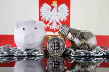 Bitcoin (Btc), Blockchain Teknolojisi, enerji konsepti ve Polonya Bayrağı. Elektrik fiyatları, kripto para madenciliği işinde enerji tasarrufu.