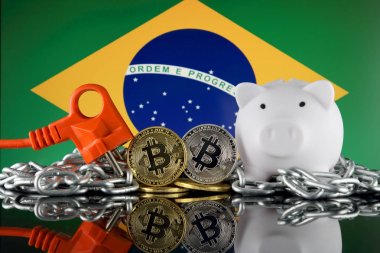 Bitcoin (Btc), Blockchain Teknolojisi, enerji konsepti ve Brezilya Bayrağı. Elektrik fiyatları, kripto para madenciliği işinde enerji tasarrufu.