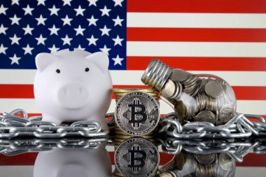Bitcoin (Btc), Blockchain Teknolojisi, enerji konsepti ve Amerika Birleşik Devletleri Bayrağı. Elektrik fiyatları, kripto para madenciliği işinde enerji tasarrufu.
