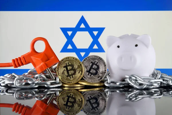 Bitcoin Btc Blockchain Technology Energy Concept Israel Flag Electricity Prices — Stock Photo, Image