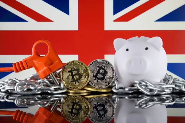 Bitcoin Btc Blockchain Technology Energy Concept United Kingdom Flag Electricity — Stock Photo, Image