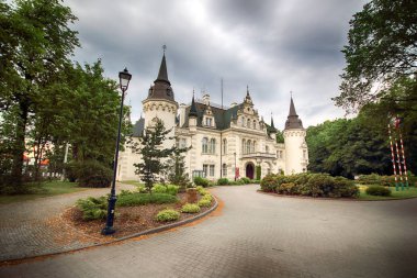 Wroclaw, Polonya - 16 Haziran 2019: Saurma-Jeltsch ailesinin Neoklasik Sarayı (1886 yılında inşa edildi). Şu anda Polonya 'nın Wroclaw kenti yakınlarında bulunan Jelcz-Laskowice' deki kasaba ve komün bürosunun merkezi konumundadır..