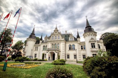 Wroclaw, Polonya - 16 Haziran 2019: Saurma-Jeltsch ailesinin Neoklasik Sarayı (1886 yılında inşa edildi). Şu anda Polonya 'nın Wroclaw kenti yakınlarında bulunan Jelcz-Laskowice' deki kasaba ve komün bürosunun merkezi konumundadır..